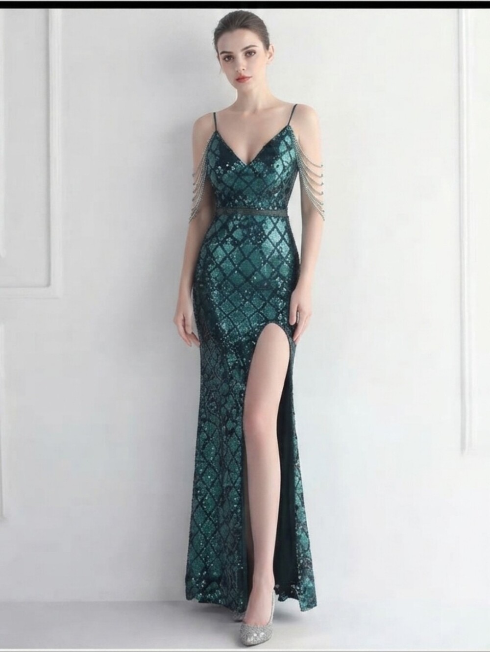 Emerald Sequin V-Neck Evening Gown with Thigh Slit - Picture 3 of 15